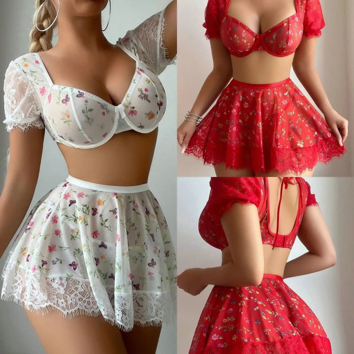 Luxury Red Floral Lingerie & Skirt Set ✨