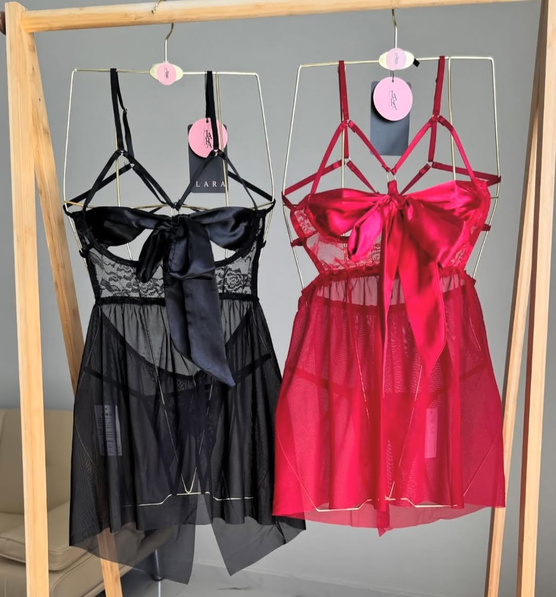 Lace Mesh Babydoll Dress with Satin Bow – Women’s Nightwear Lingerie Set