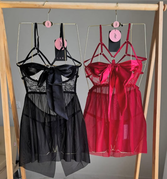 Lace Mesh Babydoll Dress with Satin Bow β Womenβs Nightwear Lingerie Set