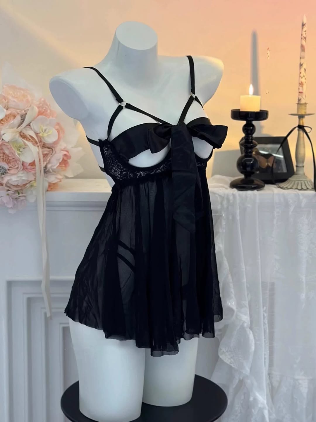 Lace Mesh Babydoll Dress with Satin Bow – Women’s Nightwear Lingerie Set