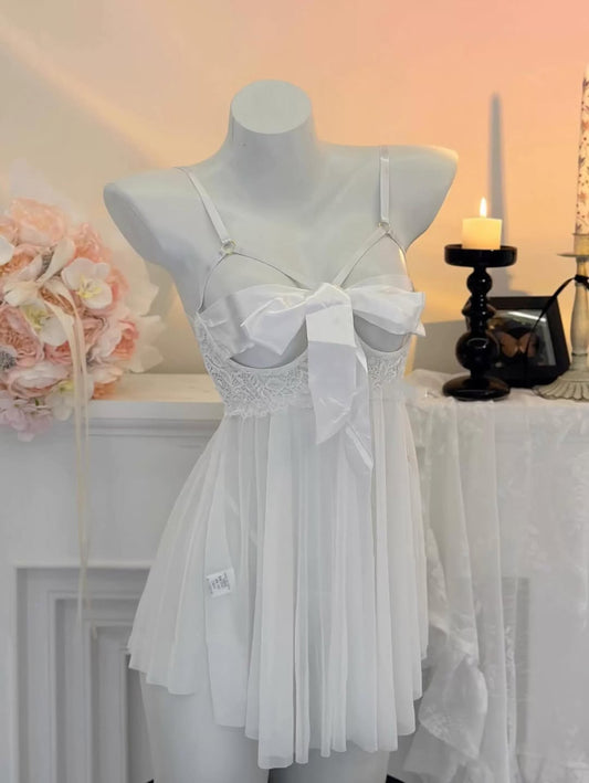 Lace Mesh Babydoll Dress with Satin Bow β Womenβs Nightwear Lingerie Set