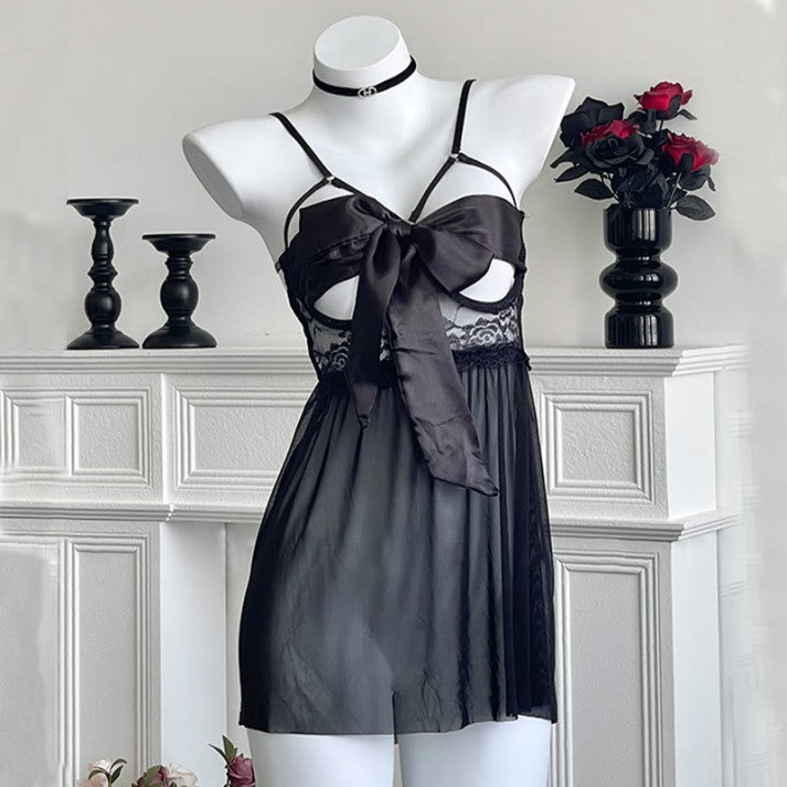 Lace Mesh Babydoll Dress with Satin Bow – Women’s Nightwear Lingerie Set