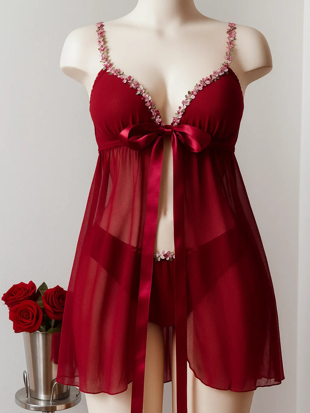 Luxury Sheer Chiffon Babydoll with Floral Accents