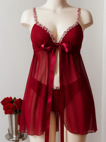 Luxury Sheer Chiffon Babydoll with Floral Accents