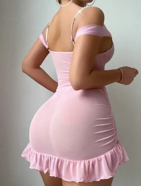 Blush Pink Floral Lace Ruched Bodycon Mini Dress with Ruffle Hem