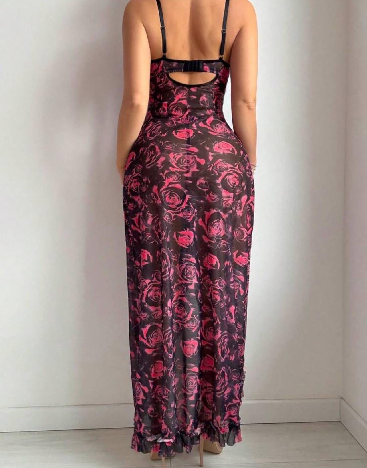 Royal Midnight Ruffle Hem Luxury Rose Print Slit  Gwon
