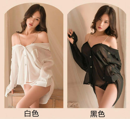 Sexy See-through Mesh Smooth Ski-spun Soyfriend Style Shirt Ladies Nightgown Sexy Uniform