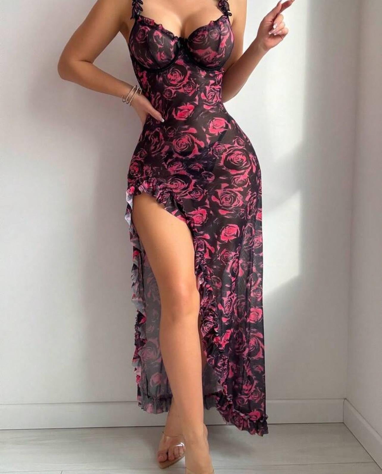 Royal Midnight Ruffle Hem Luxury Rose Print Slit  Gwon