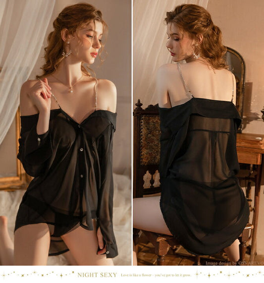 Sexy See-through Mesh Smooth Ski-spun Soyfriend Style Shirt Ladies Nightgown Sexy Uniform