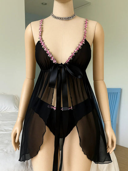 Luxury Sheer Chiffon Babydoll with Floral Accents