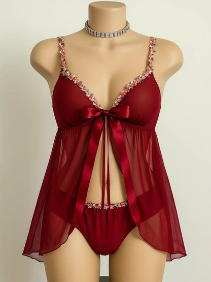 Luxury Sheer Chiffon Babydoll with Floral Accents