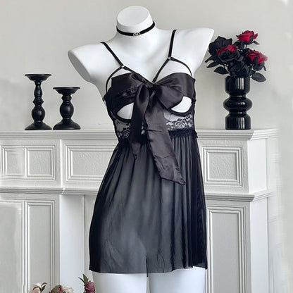 Lace Mesh Babydoll Dress with Satin Bow – Women’s Nightwear Lingerie Set